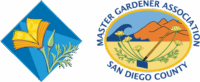 A blue diamond-shape with a poppy shaped like a book logo, next to an oval shape logo including an ocean, mountains and a shovel with plants that says Master Gardener Association of San Diego County