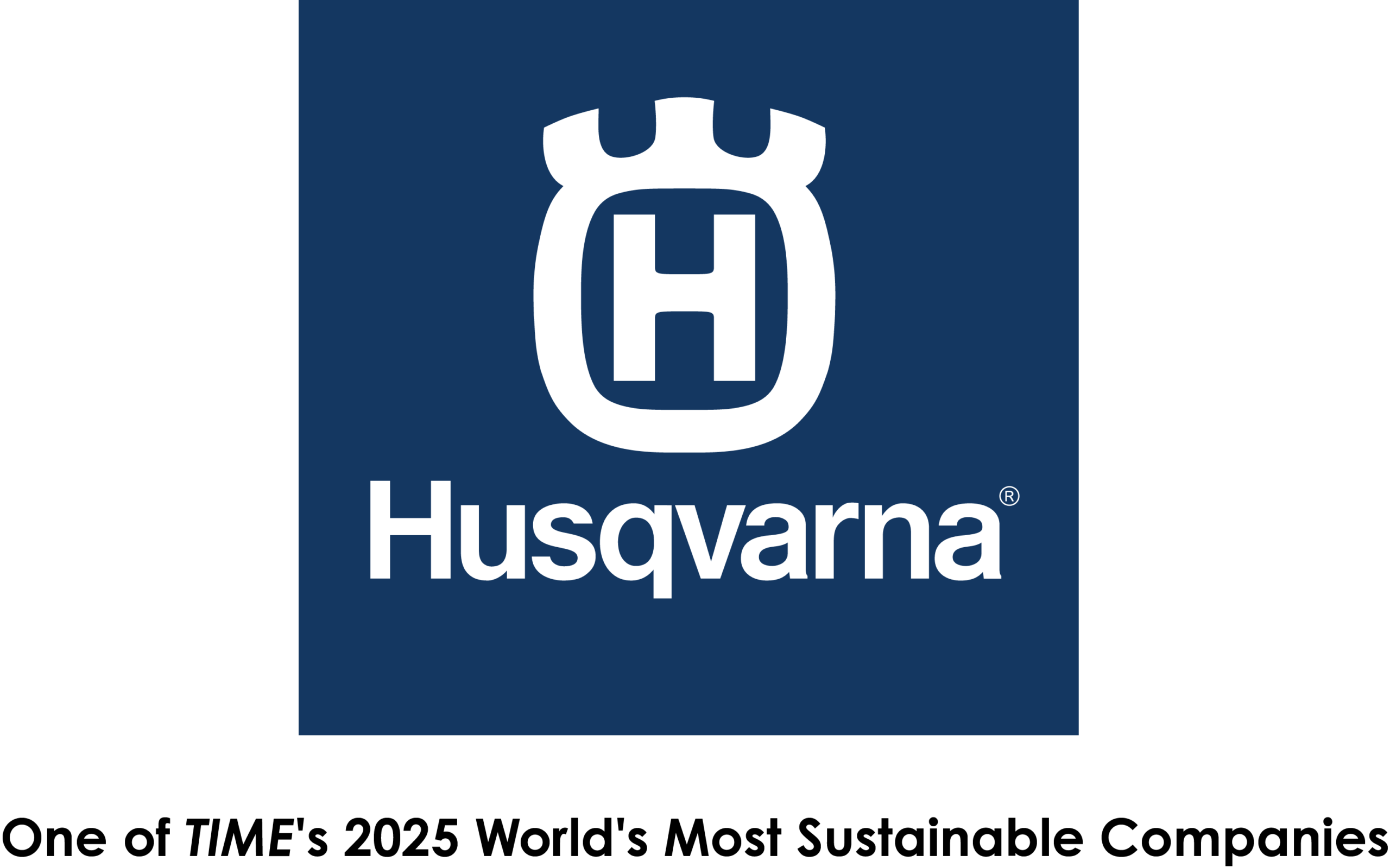 Husqvarna dark blue logo with text that says TIMES 2025 World's Most Sustainable Company